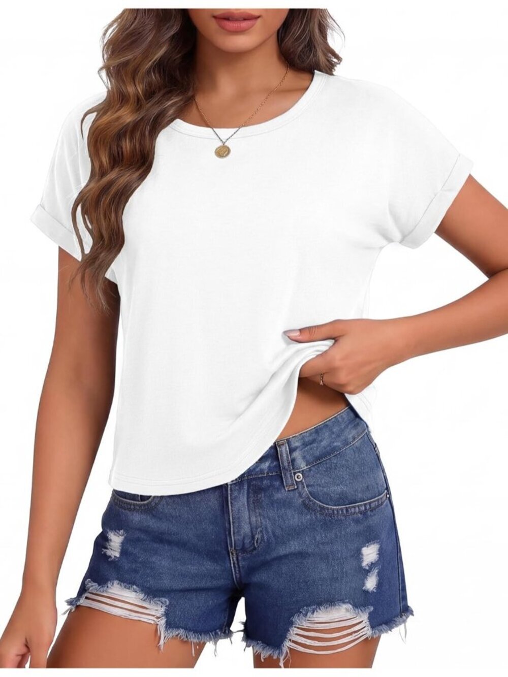 Women's White Roll Short Sleeve Crewneck Loose Fit Boxy Pull On Crop Tops